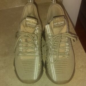 SM NY90 Knit Lace-Up Sneakers in Taupe with Rhinestones